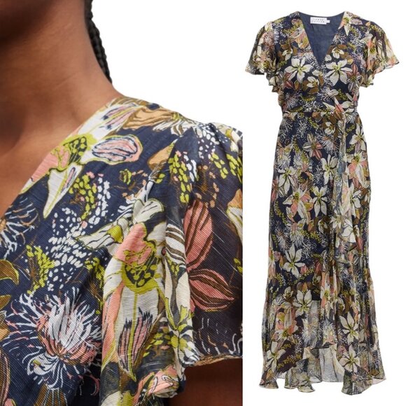 Tanya Taylor Blaire Printed Linen-Silk Midi Faux-Wrap Dress Maritime Blue Multi - Picture 2 of 16